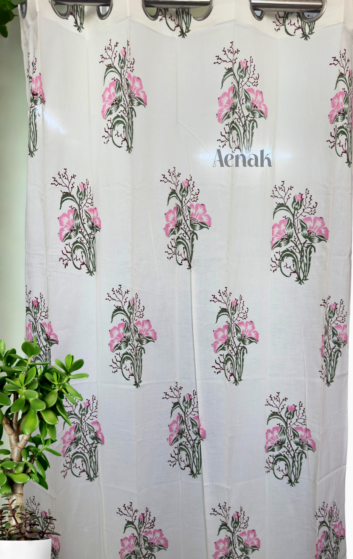 Pink & Green Hibiscus Eyelet Handblock Curtains