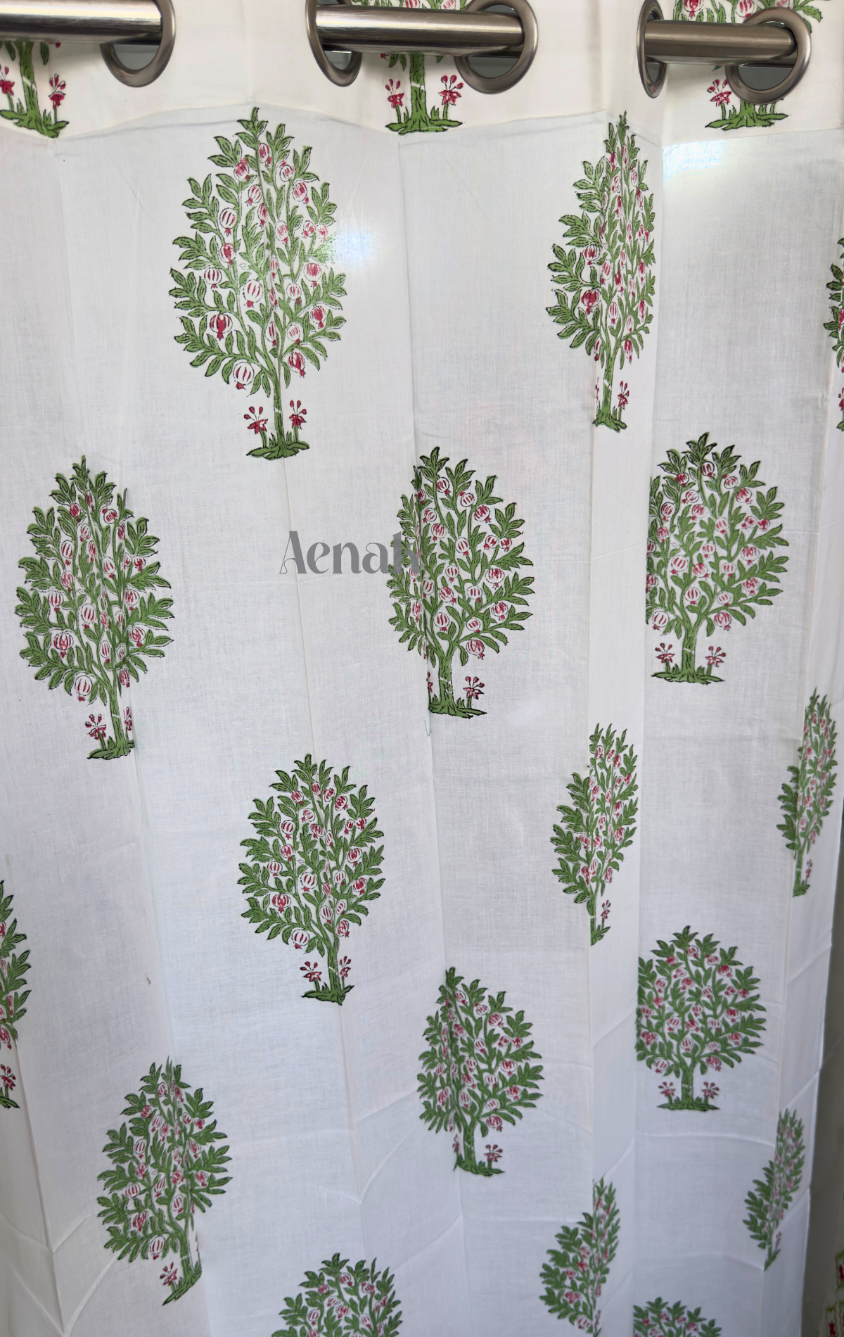 Green & Red Anaar Tree Eyelet Handblock Curtains