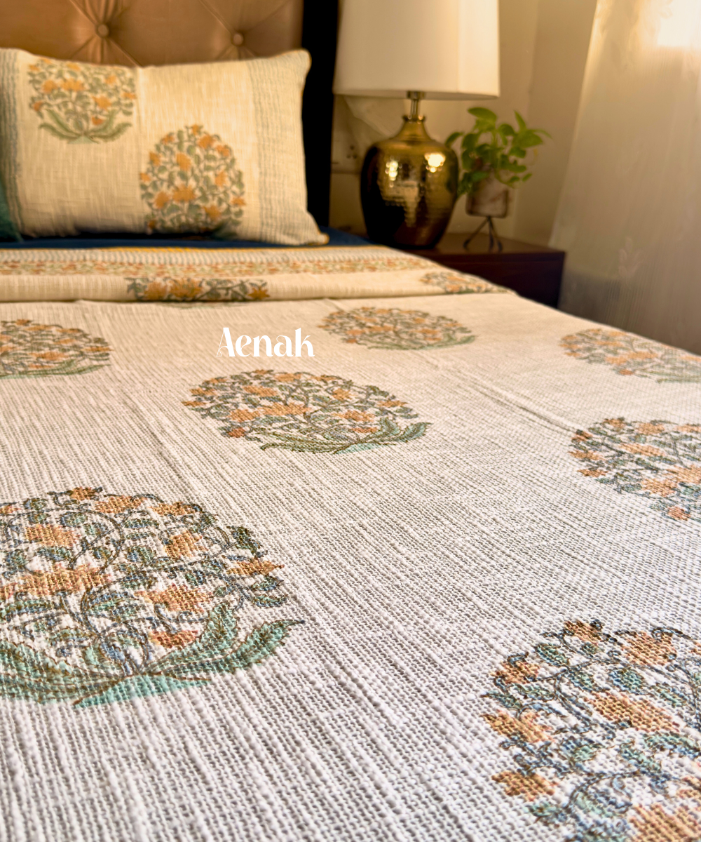 Yellow Boota Handblock Printed Jute Cotton Bedcover
