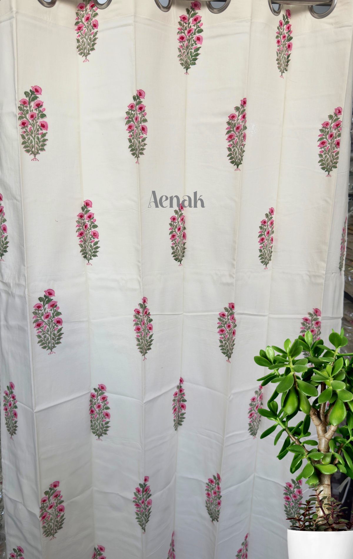 Pink & Green Floral Eyelet Handblock Curtains