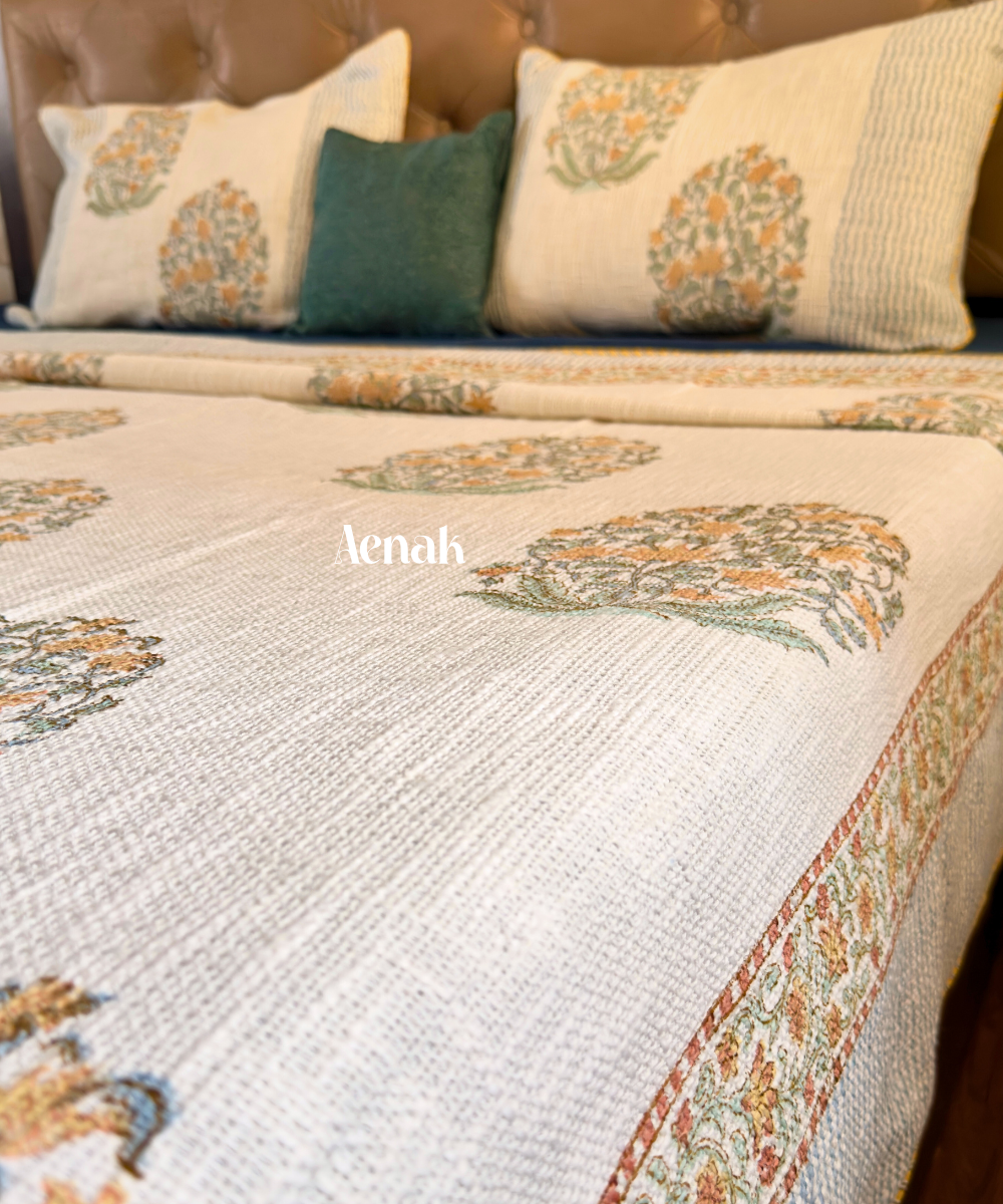 Yellow Boota Handblock Printed Jute Cotton Bedcover