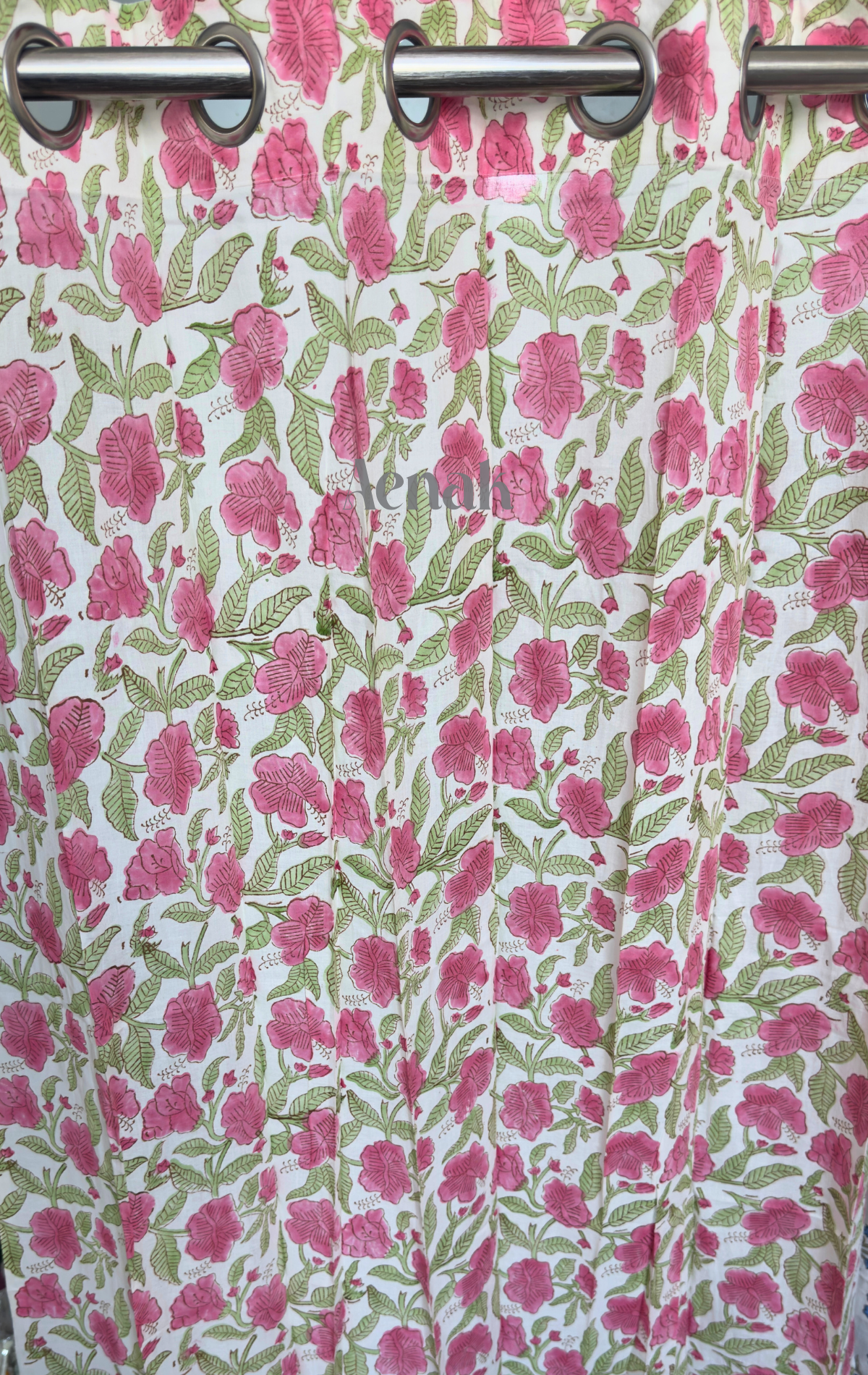 Pink & Green Floral Eyelet Handblock Curtains