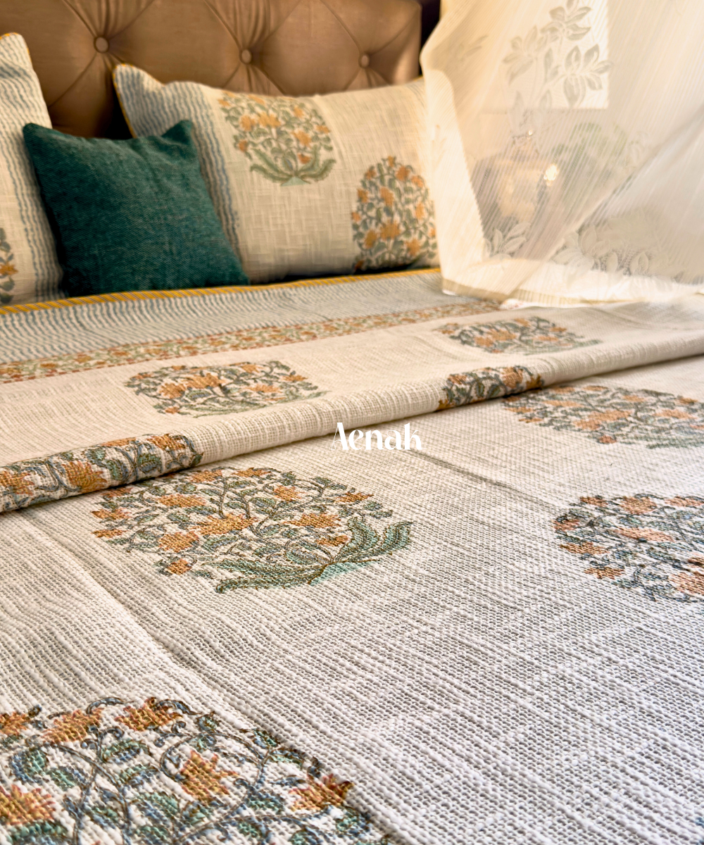 Yellow Boota Handblock Printed Jute Cotton Bedcover