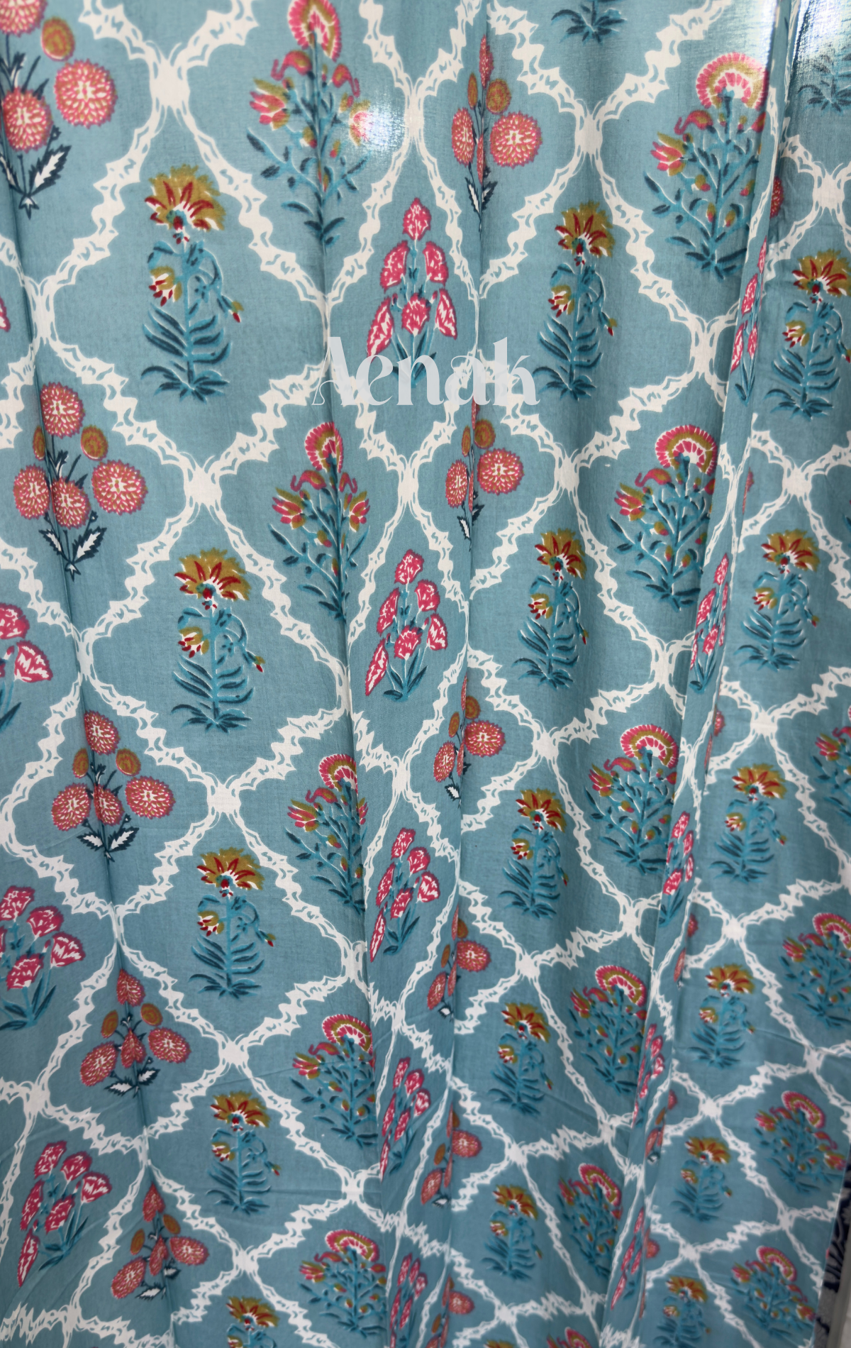 Blue & Pink Floral Jaal Eyelet Handblock Curtains