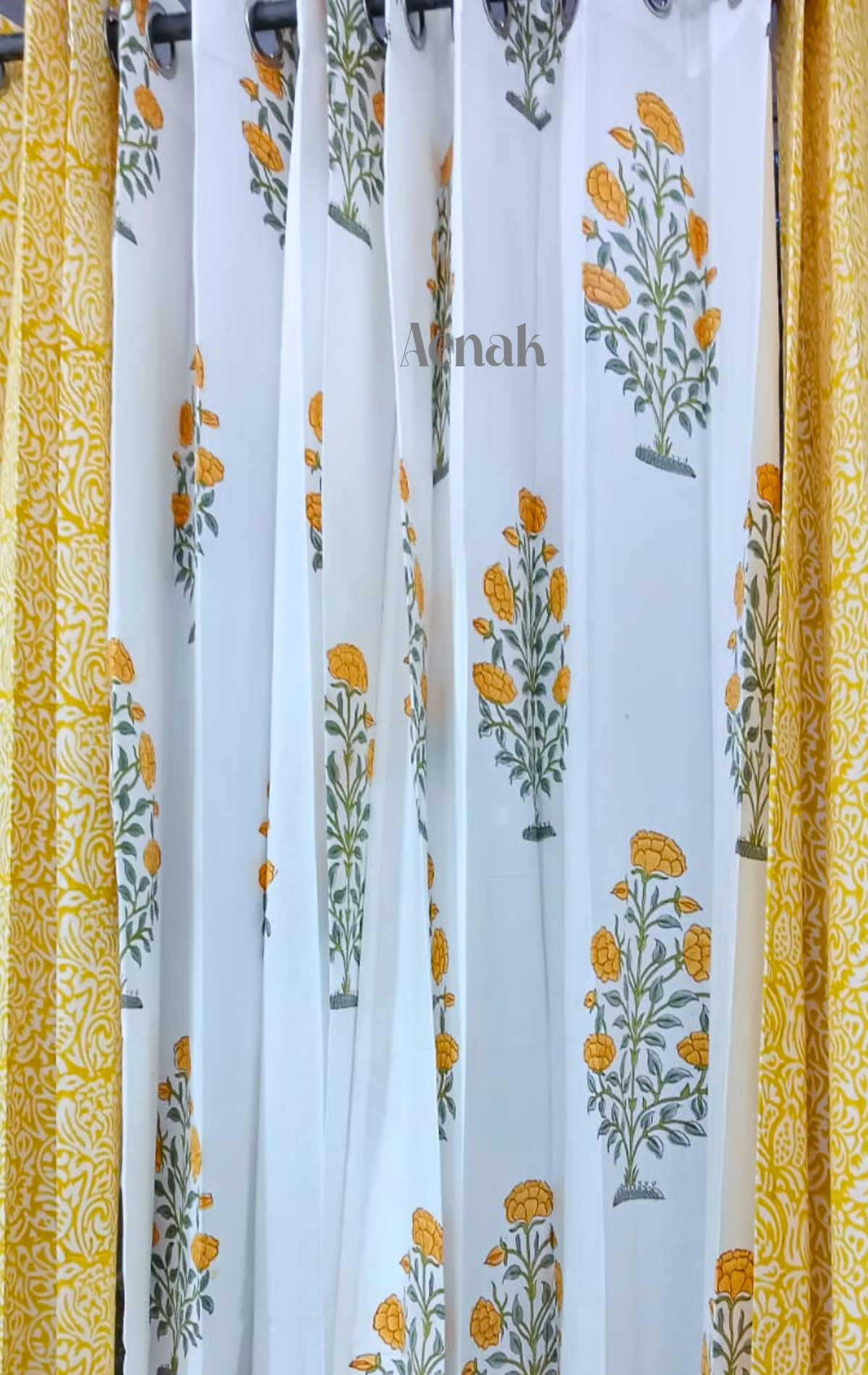 Yellow Flower Baag Eyelet Handblock Curtains