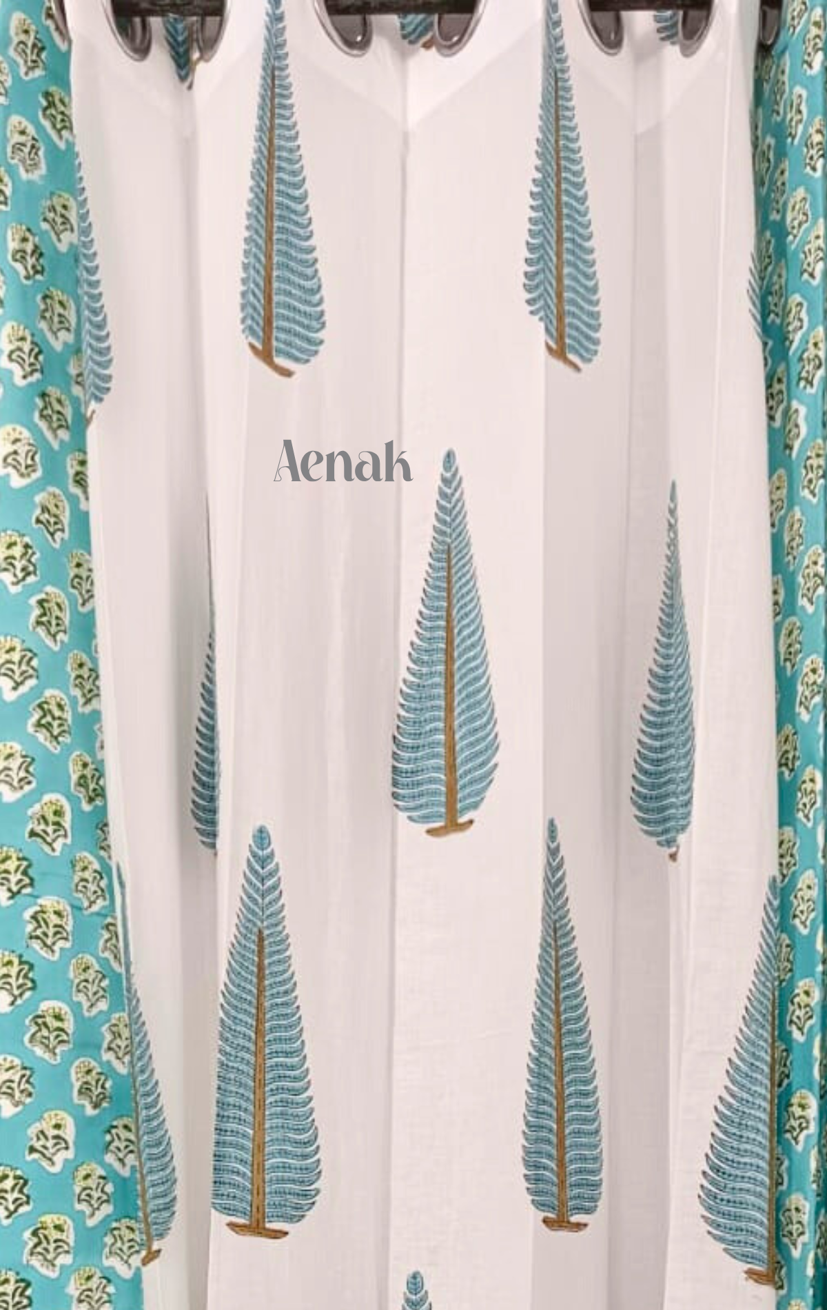 Turquoise Blue Cypress Handblock Curtains