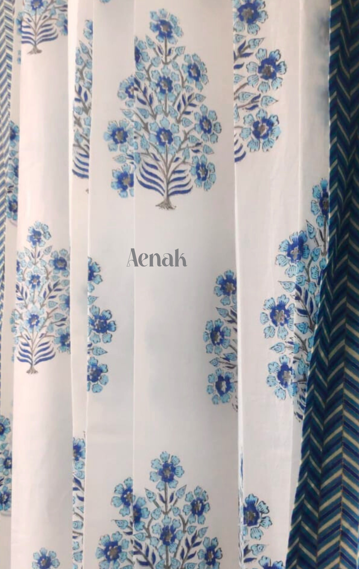 Turquoise Blue Floral Eyelet Handblock Curtains