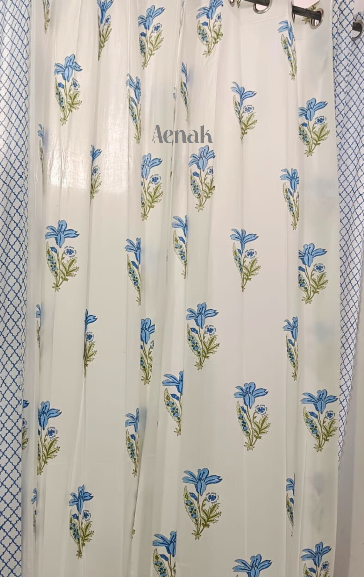 Blue Lily Eyelet Handblock Curtains