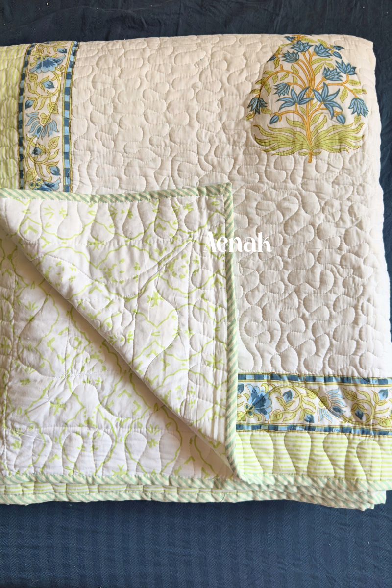 Blue Green Boota Handblock Printed Reversible Quilted Cotton Bedcover