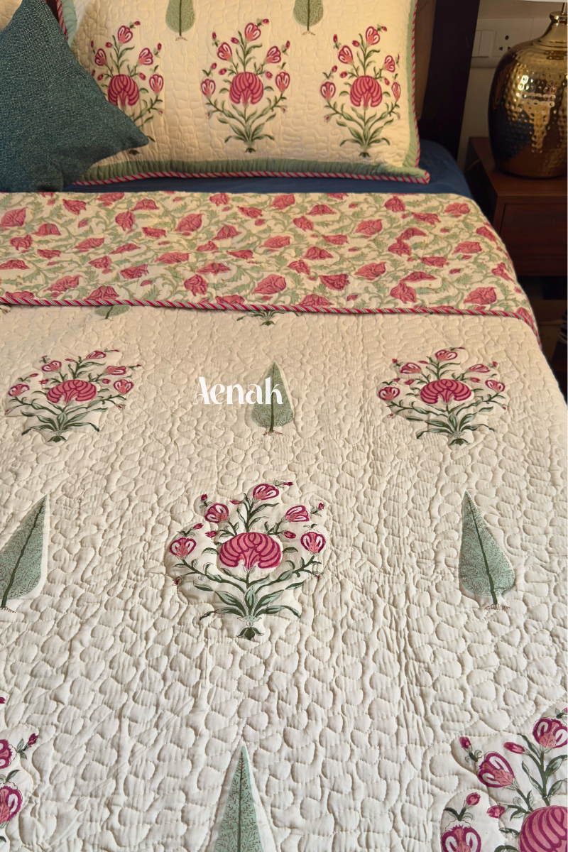 Pink Floral Boota Handblock Printed Reversible Quilted Cotton Bedcover (Non-White)