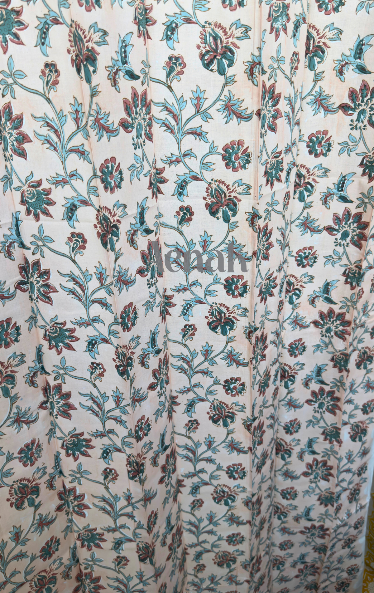 Blue Brown Floral Eyelet Handblock Curtains (Peach Base)