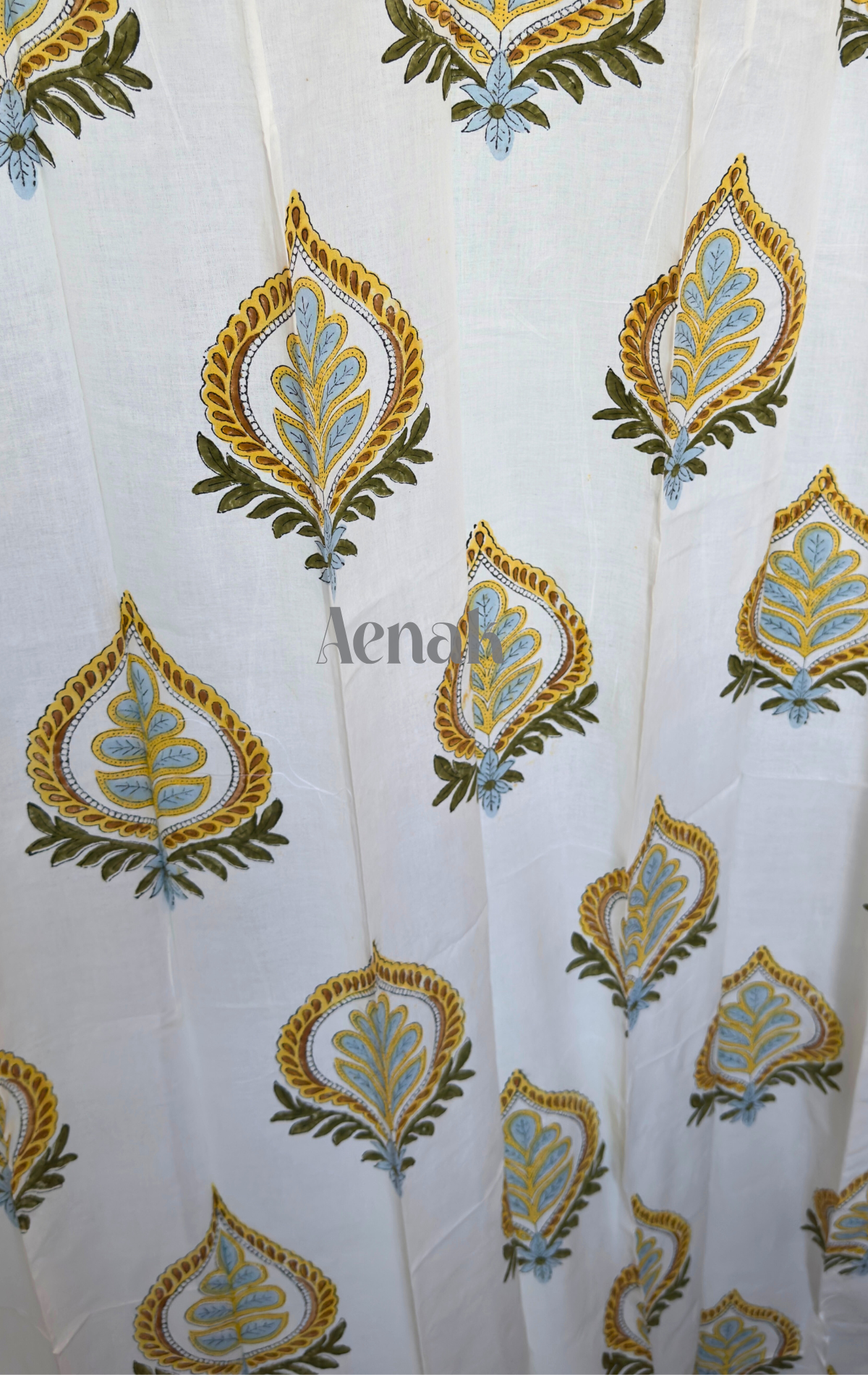 Yellow & Blue Leaf Eyelet Handblock Curtains