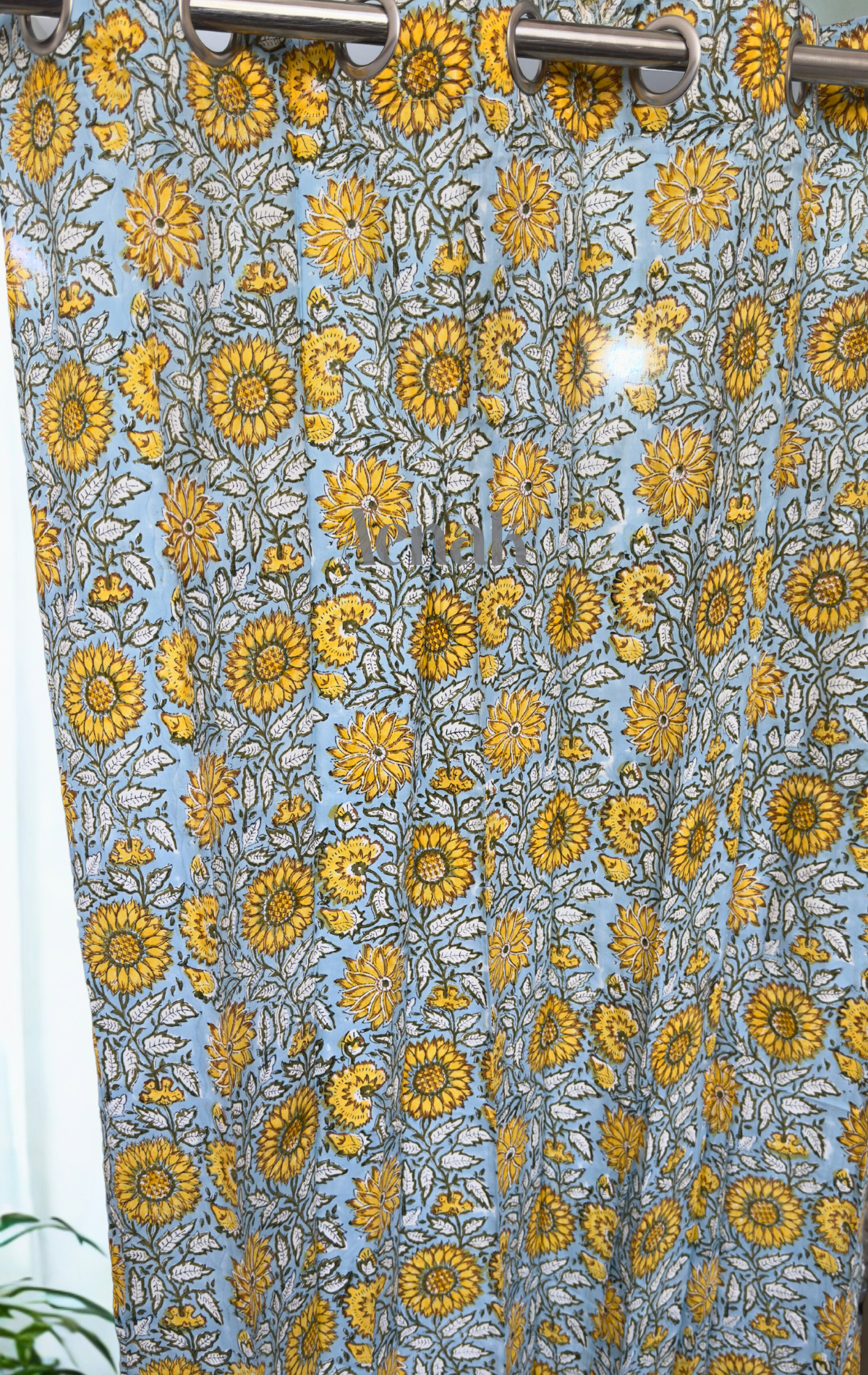 Blue Yellow Sunflower Eyelet Handblock Curtains