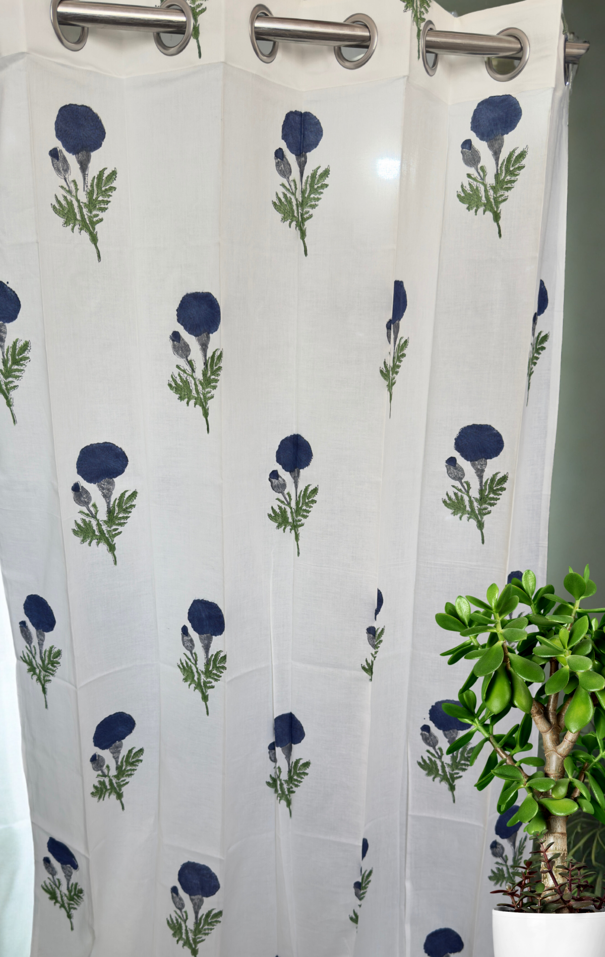 Blue Marigold Eyelet Handblock Curtains