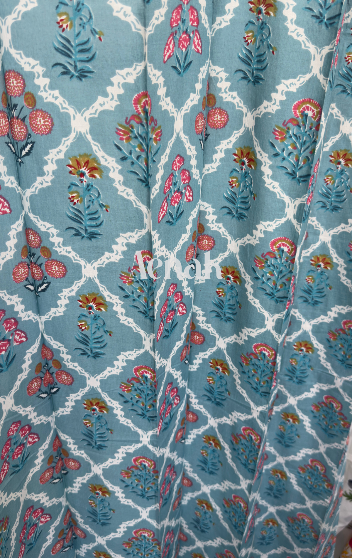 Blue & Pink Floral Jaal Eyelet Handblock Curtains