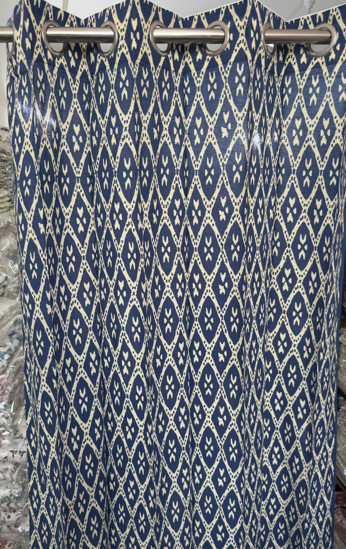Blue Triange Eyelet Handblock Curtains