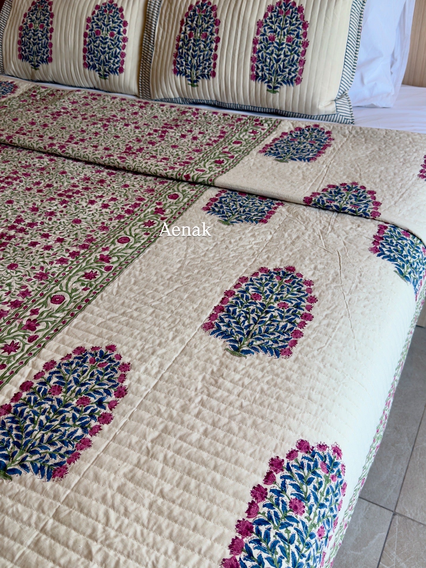 Burgundy & Beige Floral Handblock Printed Quilted Cotton Bedcover (Beige Base)