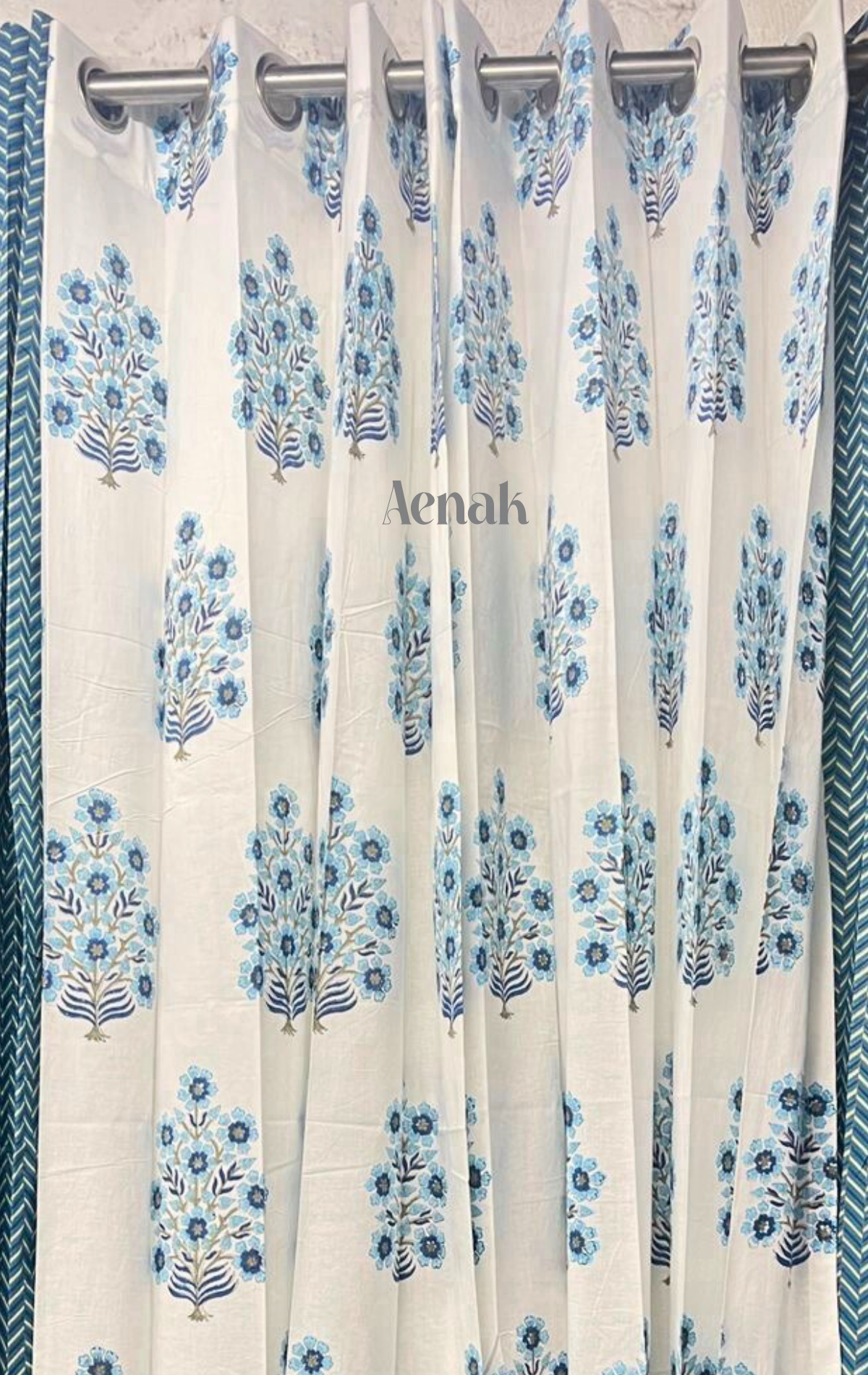 Turquoise Blue Floral Eyelet Handblock Curtains