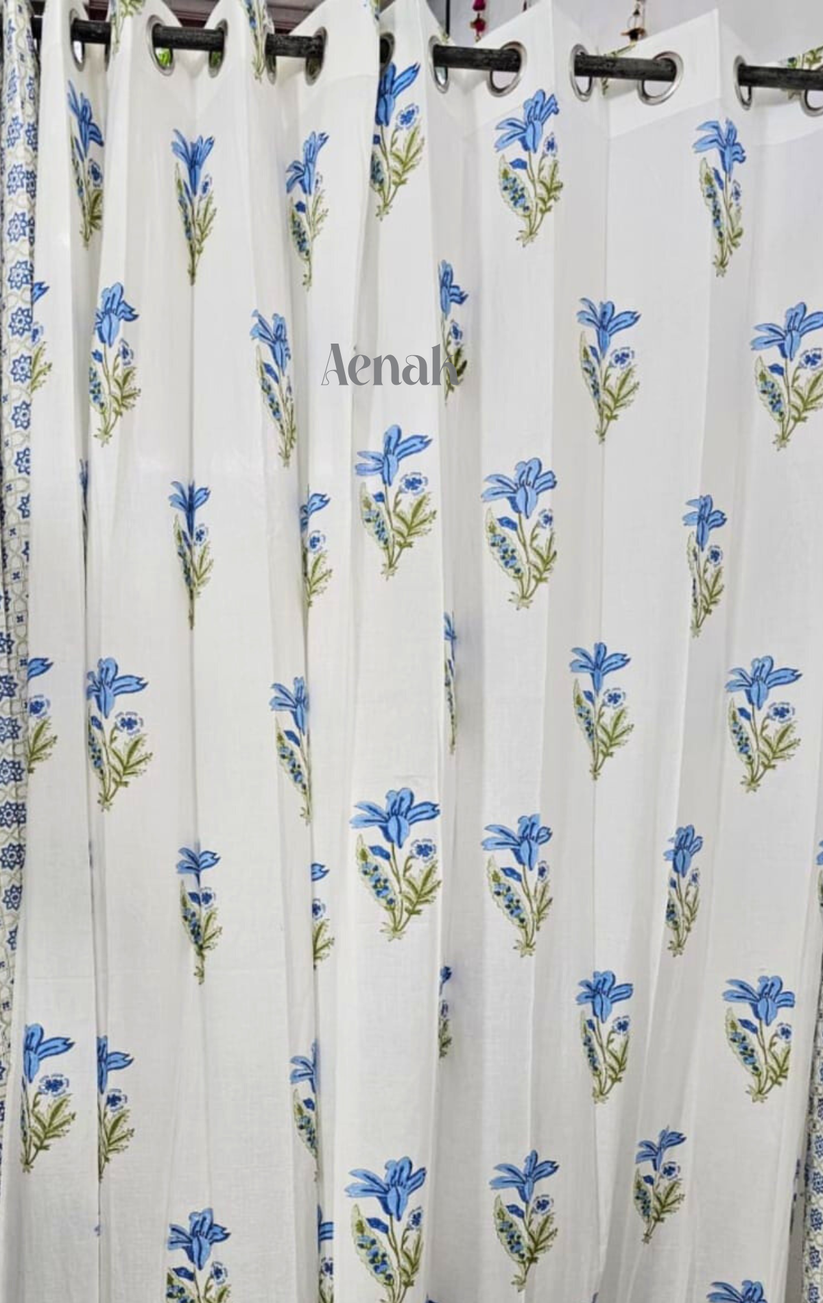 Blue Lily Eyelet Handblock Curtains