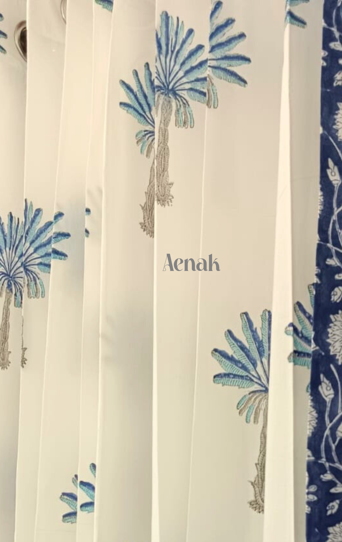 Blue Palm Eyelet Handblock Curtains