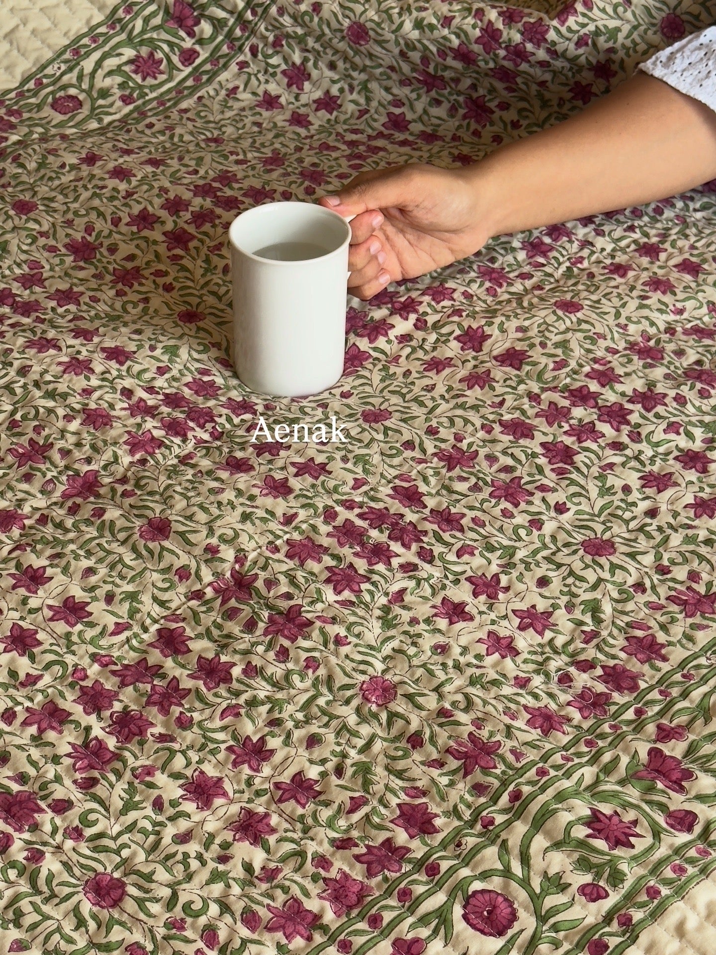 Burgundy & Beige Floral Handblock Printed Quilted Cotton Bedcover (Beige Base)
