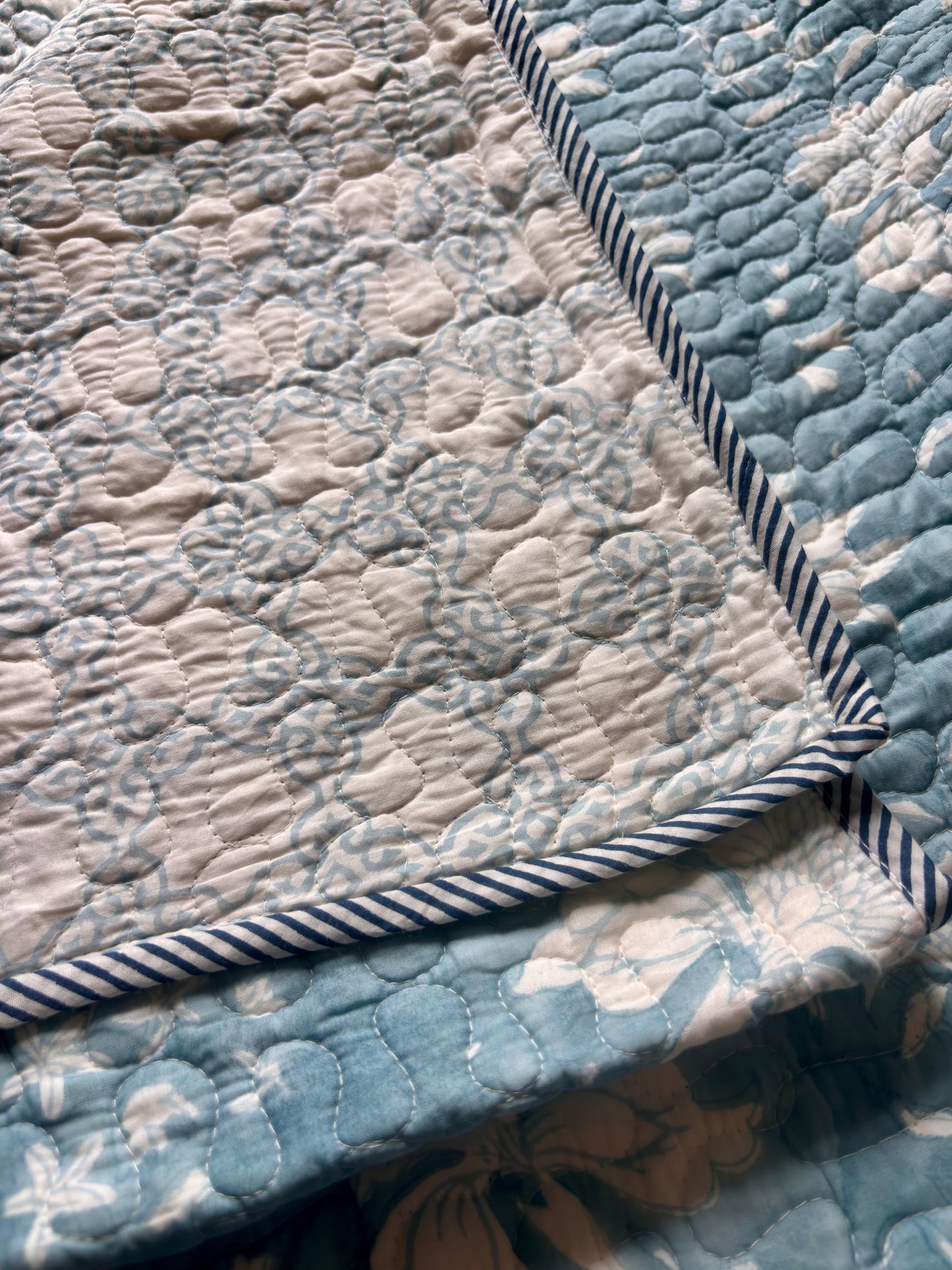 Blue Floral Garden Handblock Printed Reversible Quilted Cotton Bedcover Set-106x108