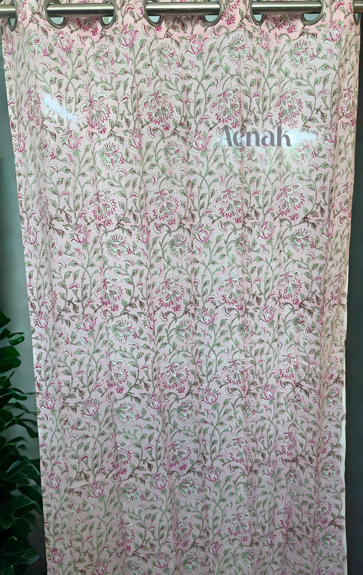 Pink & Green Jaal Eyelet Handblock Curtains (Pink Base)