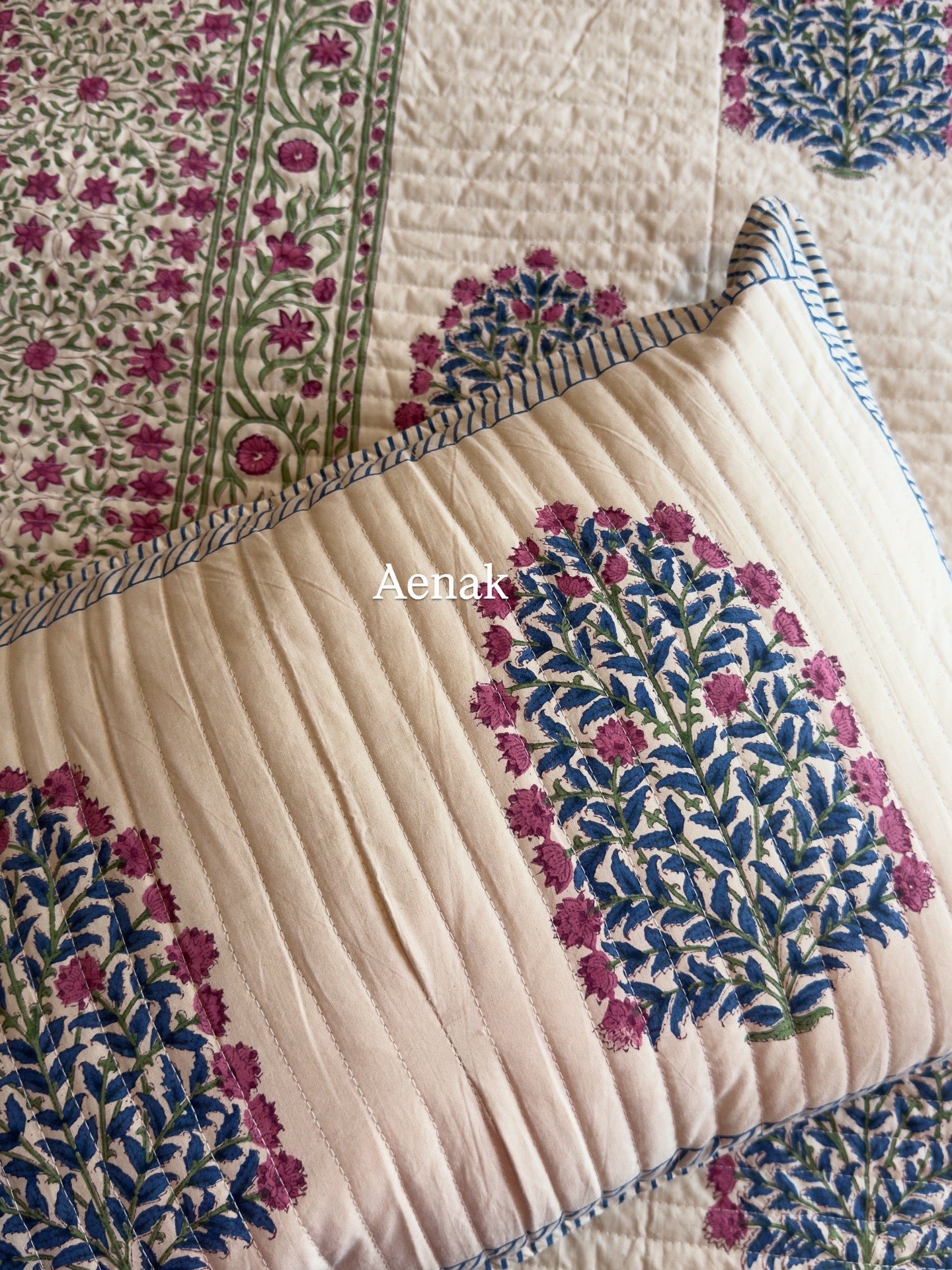 Burgundy & Beige Floral Handblock Printed Quilted Cotton Bedcover (Beige Base)