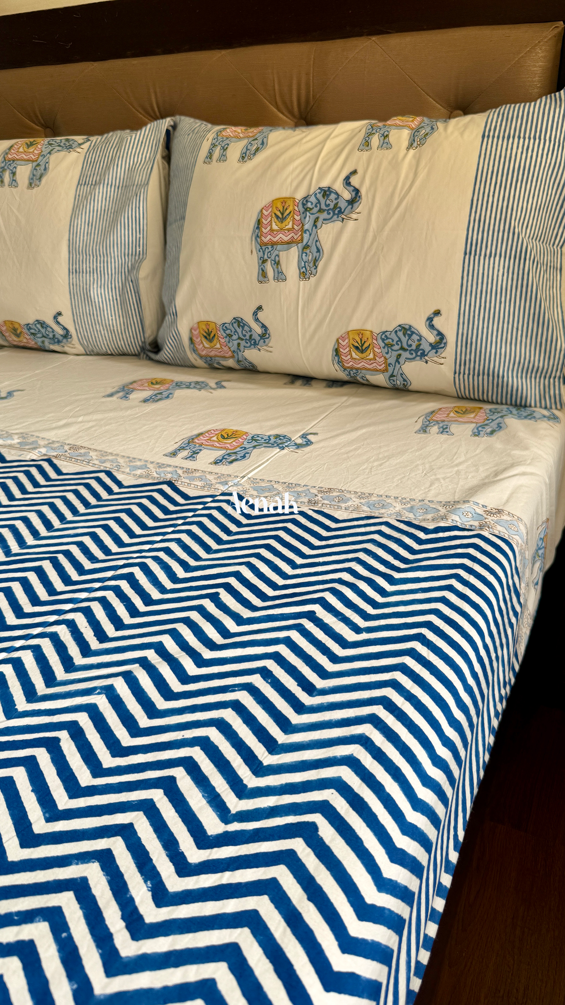 Blue pink white premium cotton bedsheet for soft and refreshing bedroom styling by Aenak