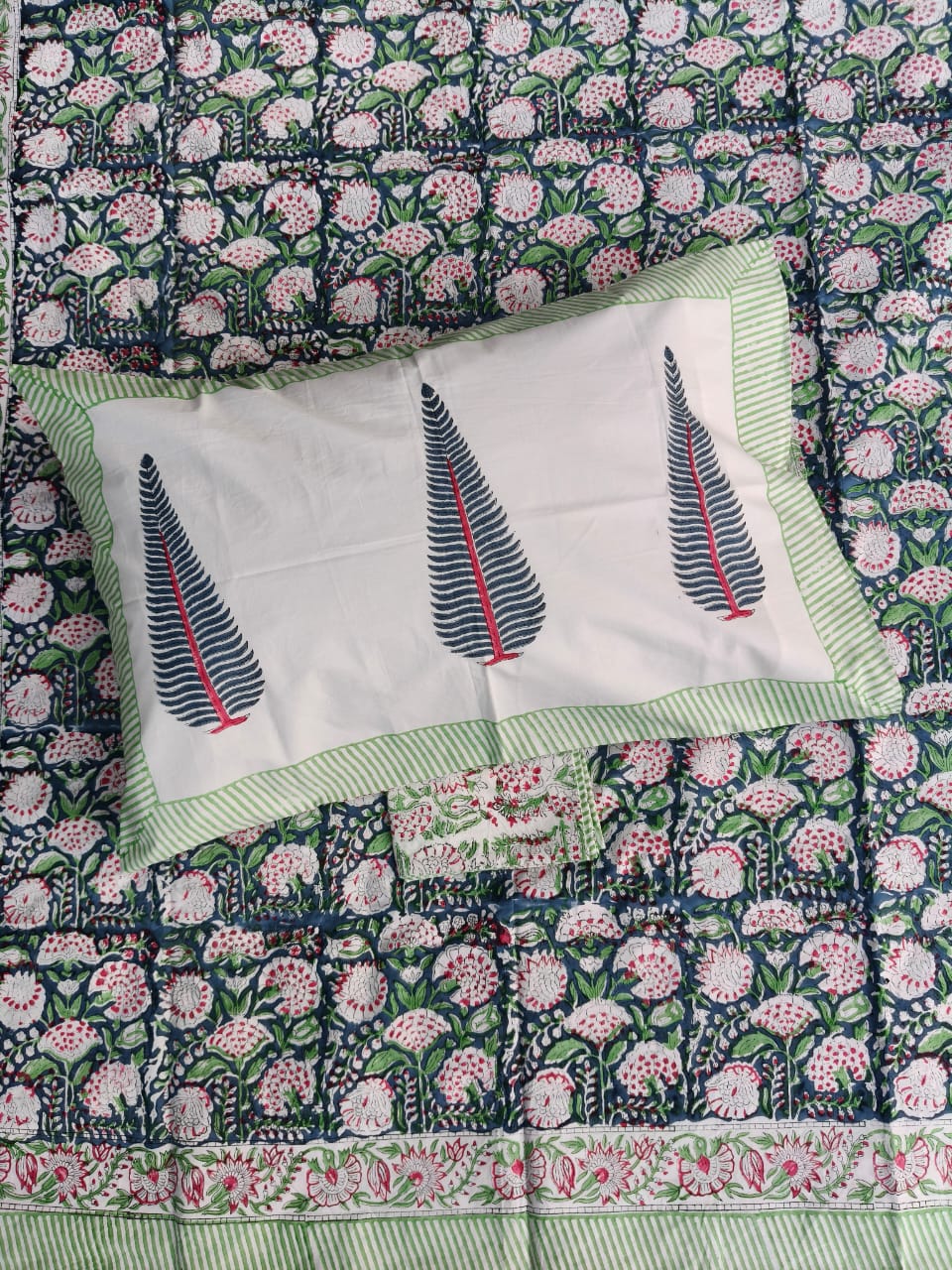 Aenak organic percale cotton bedsheet in blue green and pink handblock print