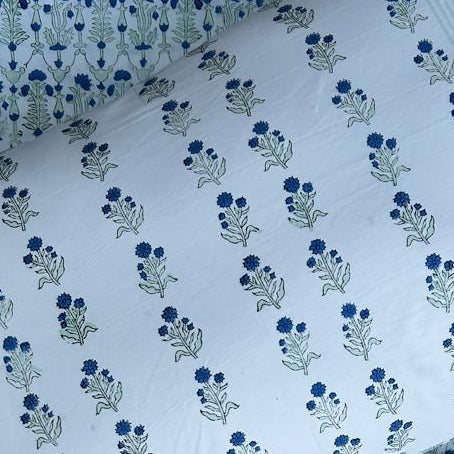 Handblock printed cotton bedsheet with reversible pillow covers in blue and teal blue