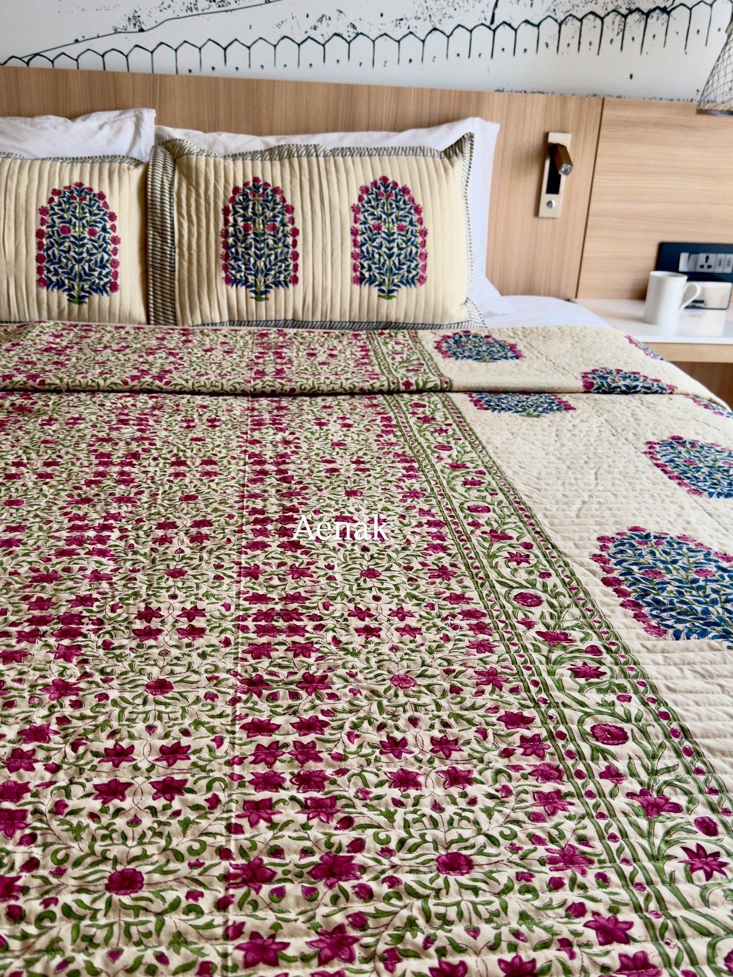Burgundy & Beige Floral Handblock Printed Quilted Cotton Bedcover (Beige Base)