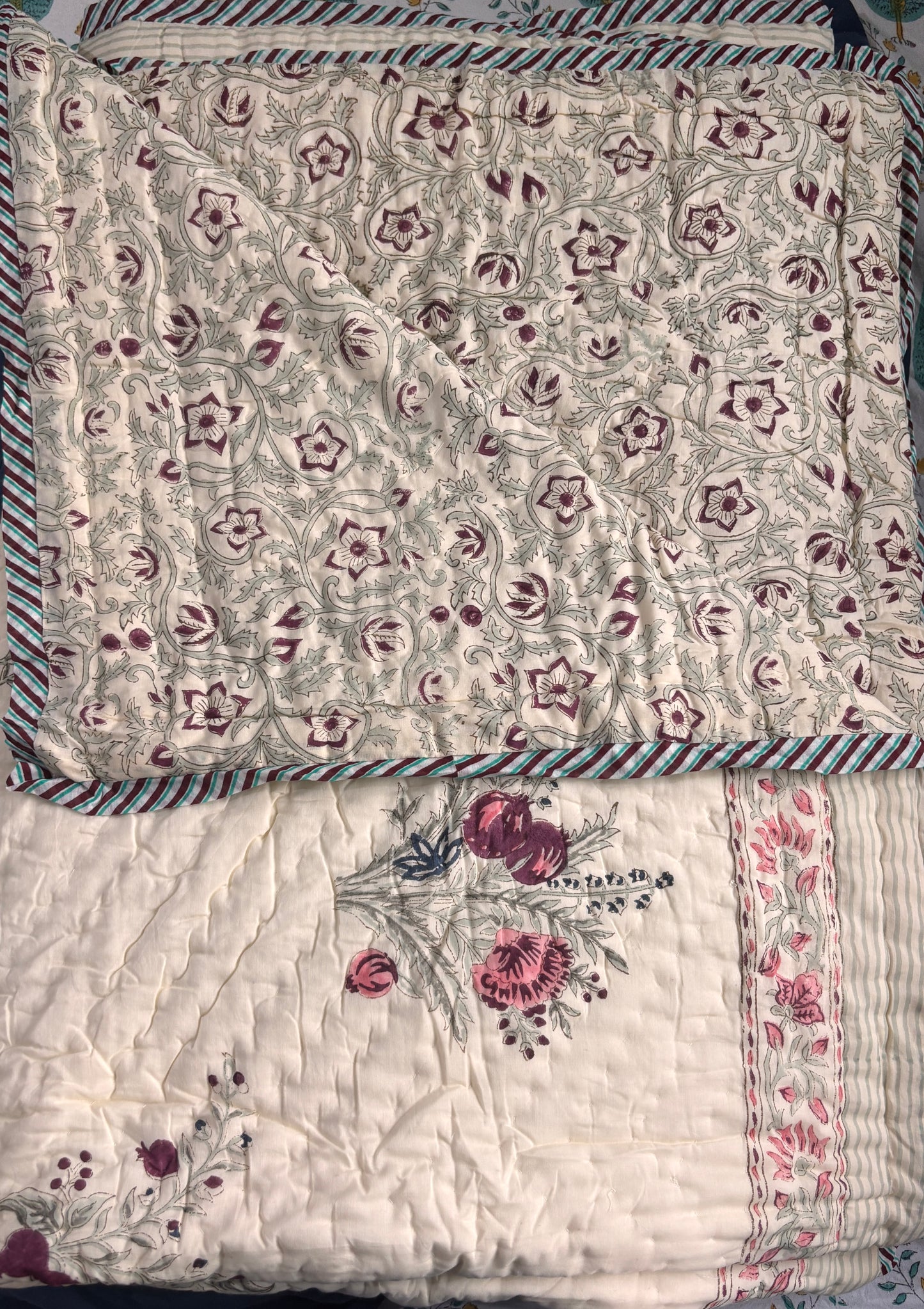 Burgundy Anaar Handblock Reversible Mulmul Cotton Single Bed Quilt (Beige Base)