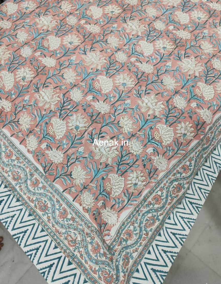 Light Peach Floral Handblock Table Cover