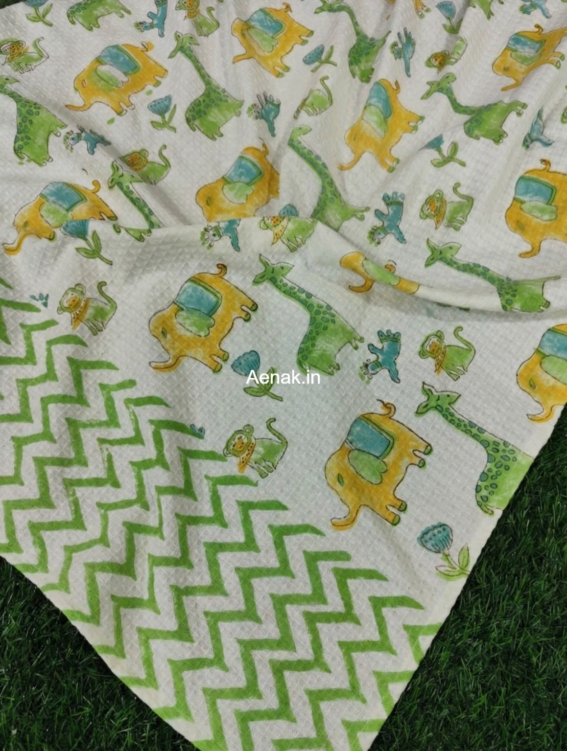 Yellow Elephant Green Giraffe Handblock Waffle Cotton Bathing Towel