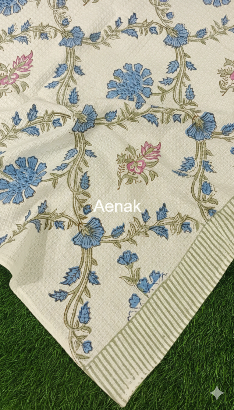 Blue Floral Jaal Handblock Waffle Cotton Towel