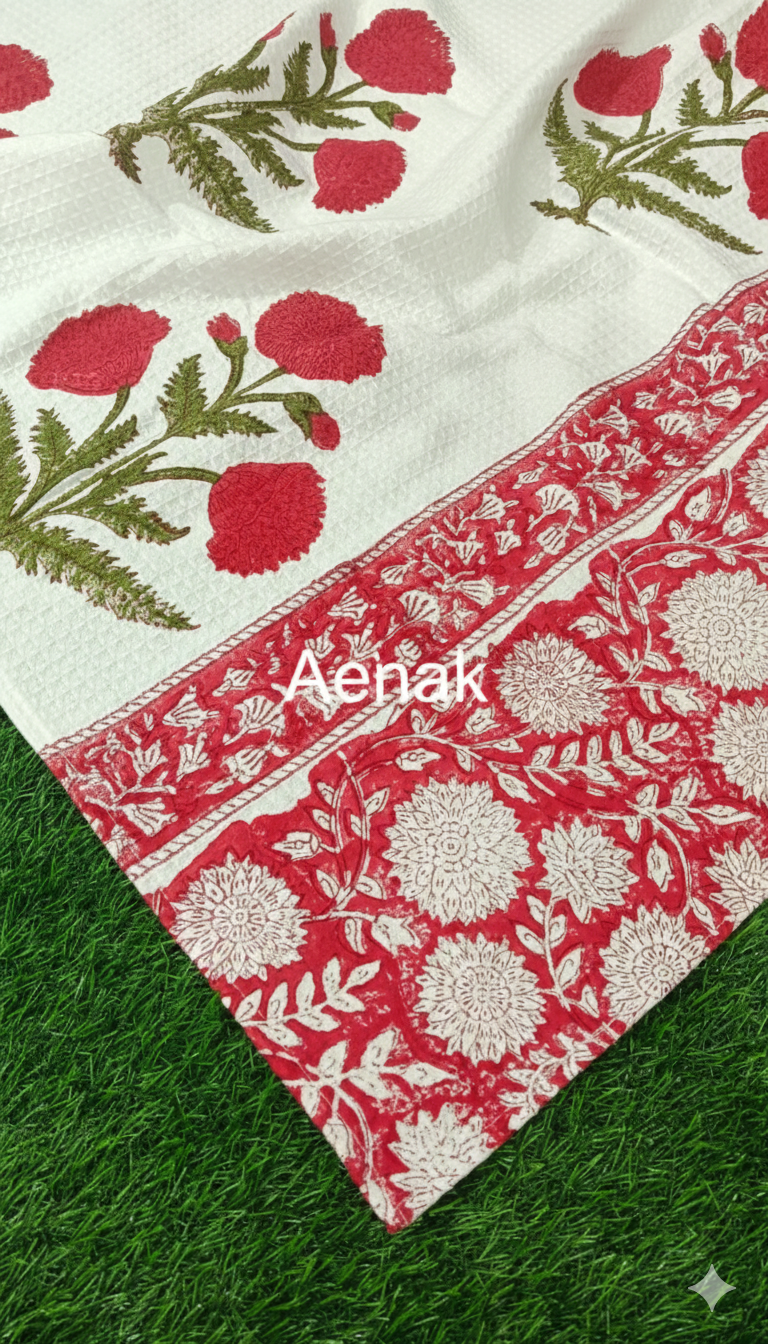 Red Floral Garden Handblock Waffle Cotton Towel