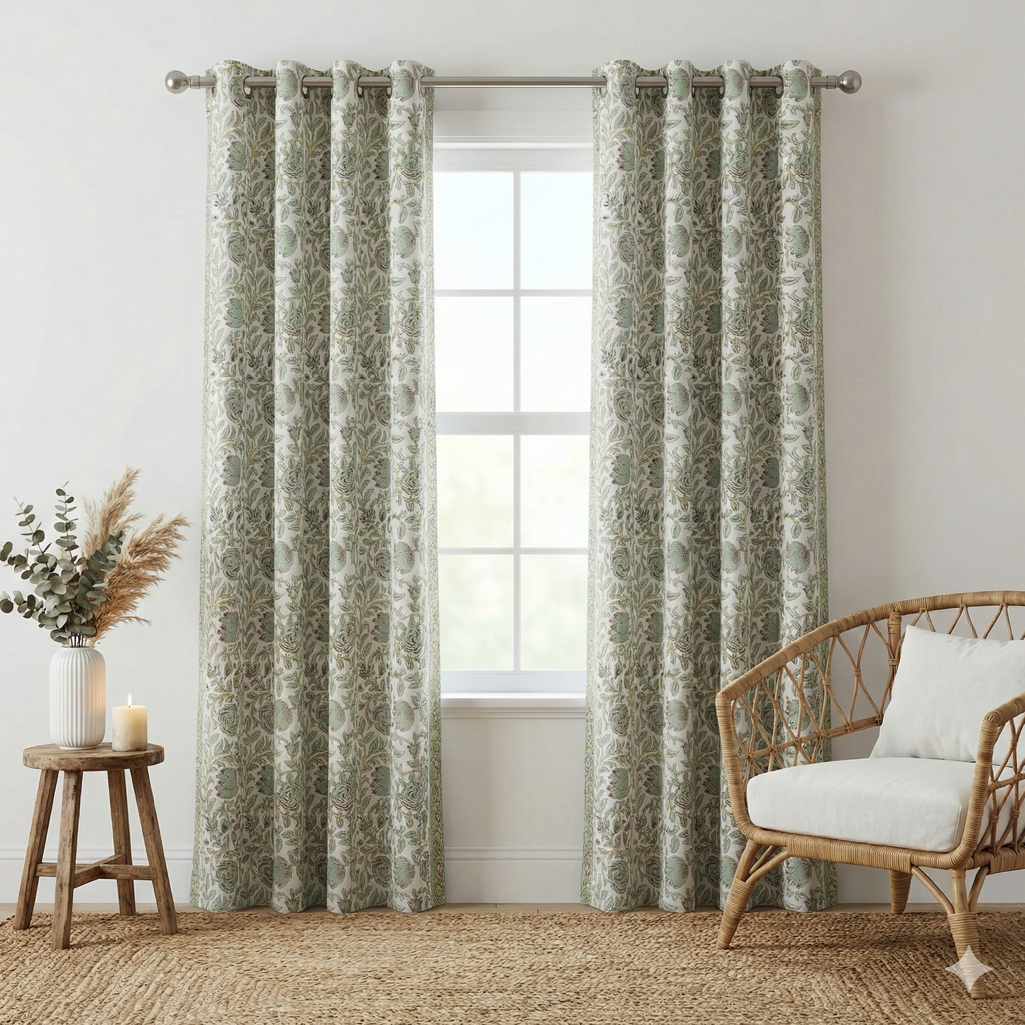 Grey Rose Handblock Curtains