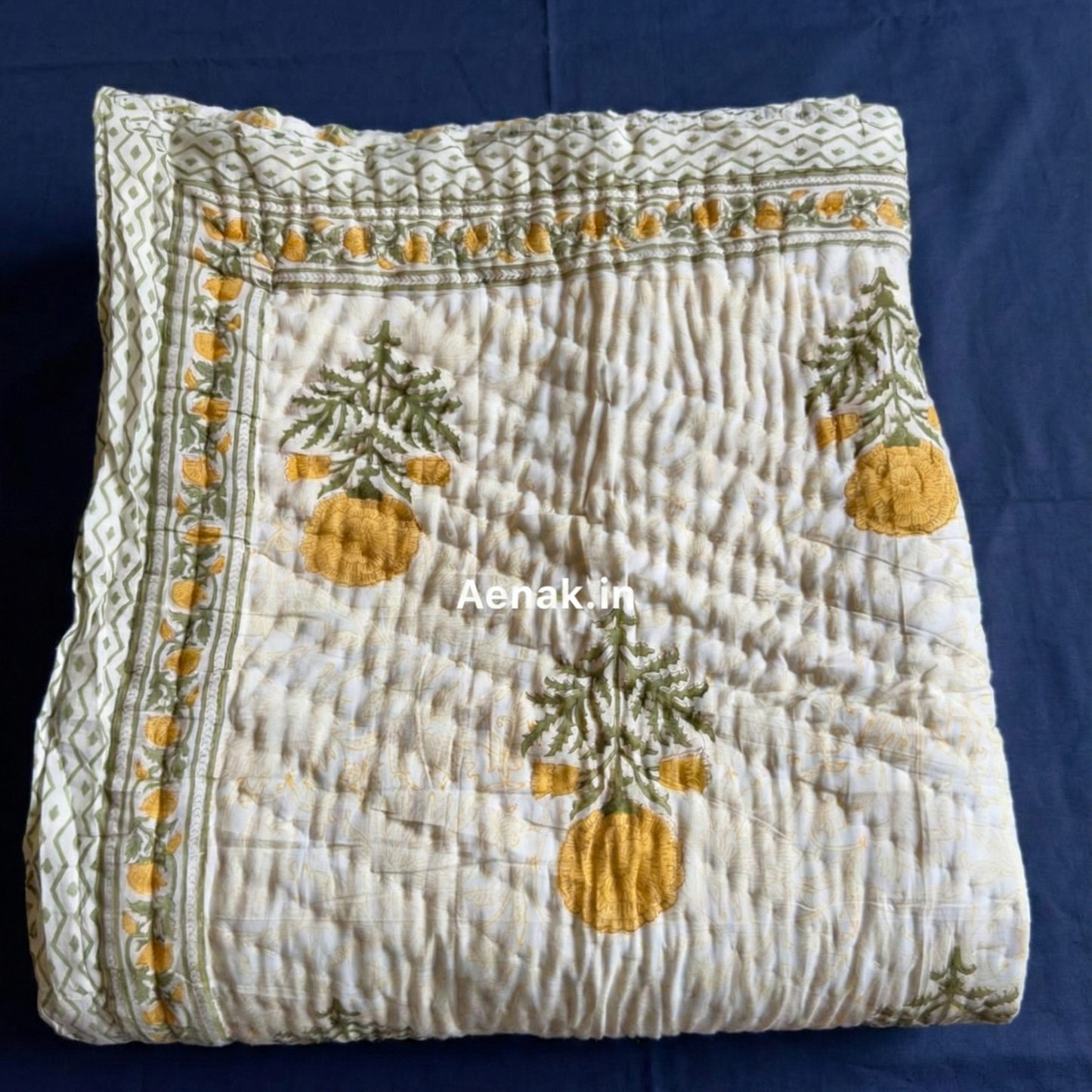 Yellow Marigold Paani Jaal Handblock Bedsheet + Quilt Combo Set