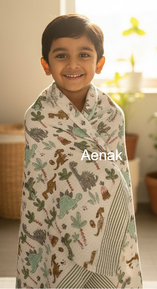 Dinosaur Handblock Printed Waffle Cotton Bathing Towel