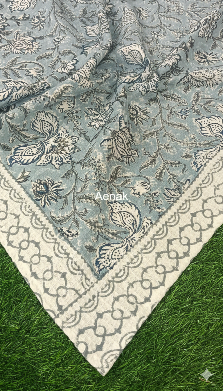 Grey Floral Garden Handblock Waffle Cotton Towel