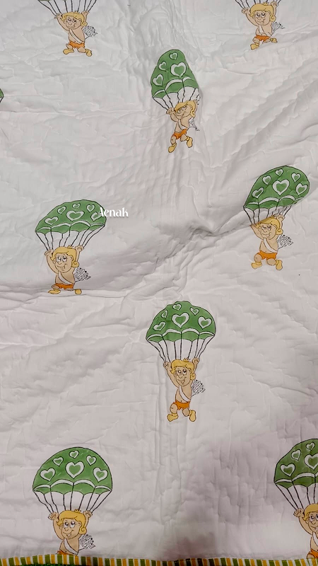 Green Air Balloon Handblock Printed Reversible Mulmul Cotton Blanket