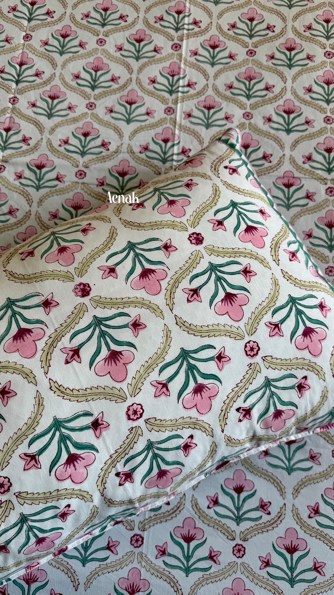 Pink & Green Cotton Bud Handblock Bedsheet + Quilt Combo Set