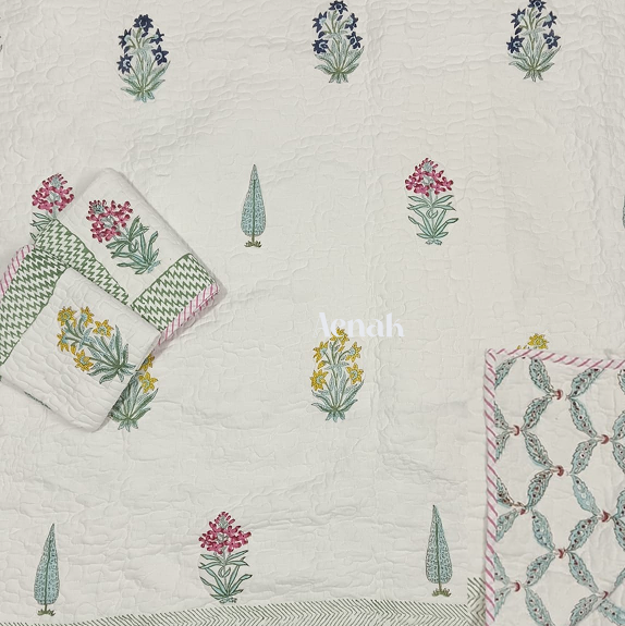 Madhumati Handblock Bedsheet + Quilted Bedcover Combo Set