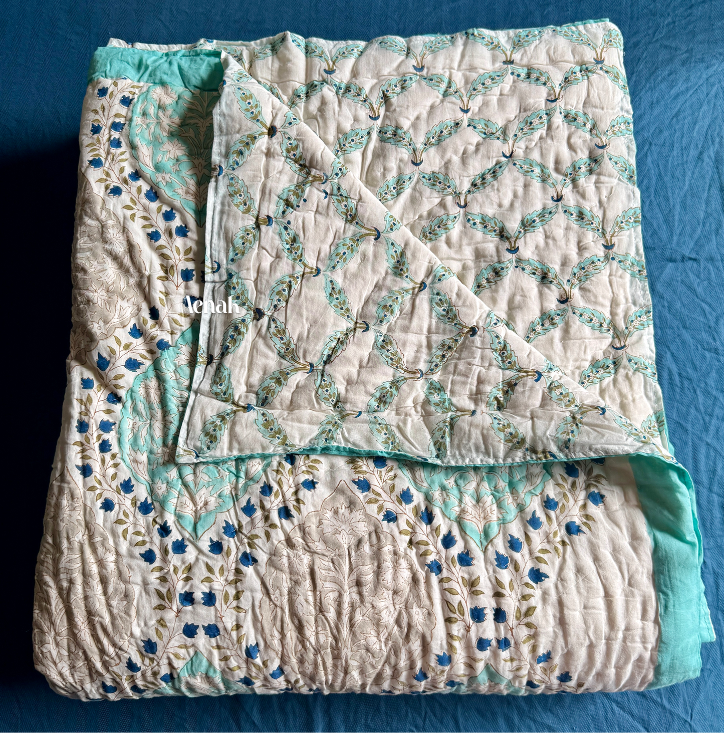Blue Jaal Handblock Printed Reversible Mulmul Cotton Quilt