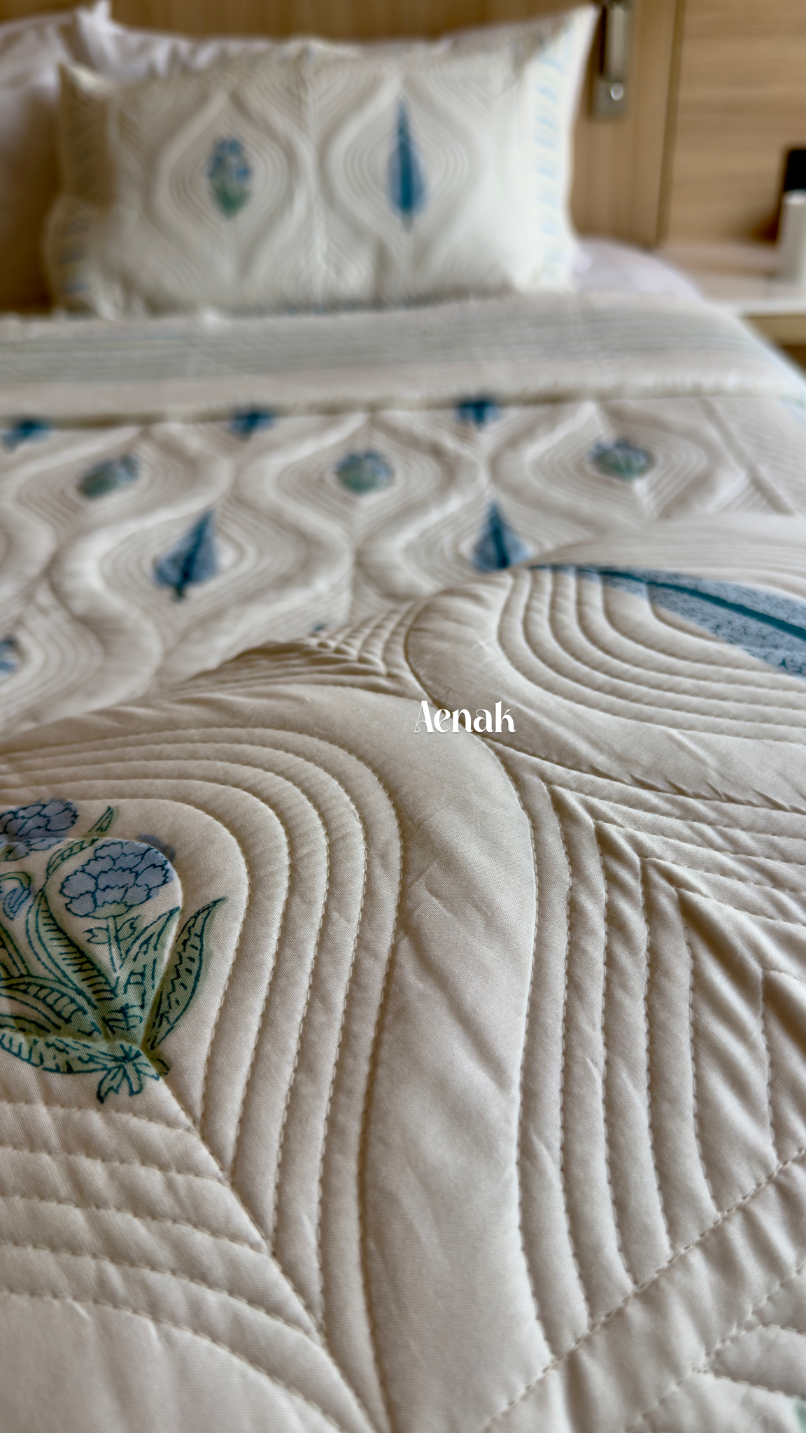 White Embossed Handblock Printed Quilted Bedcover