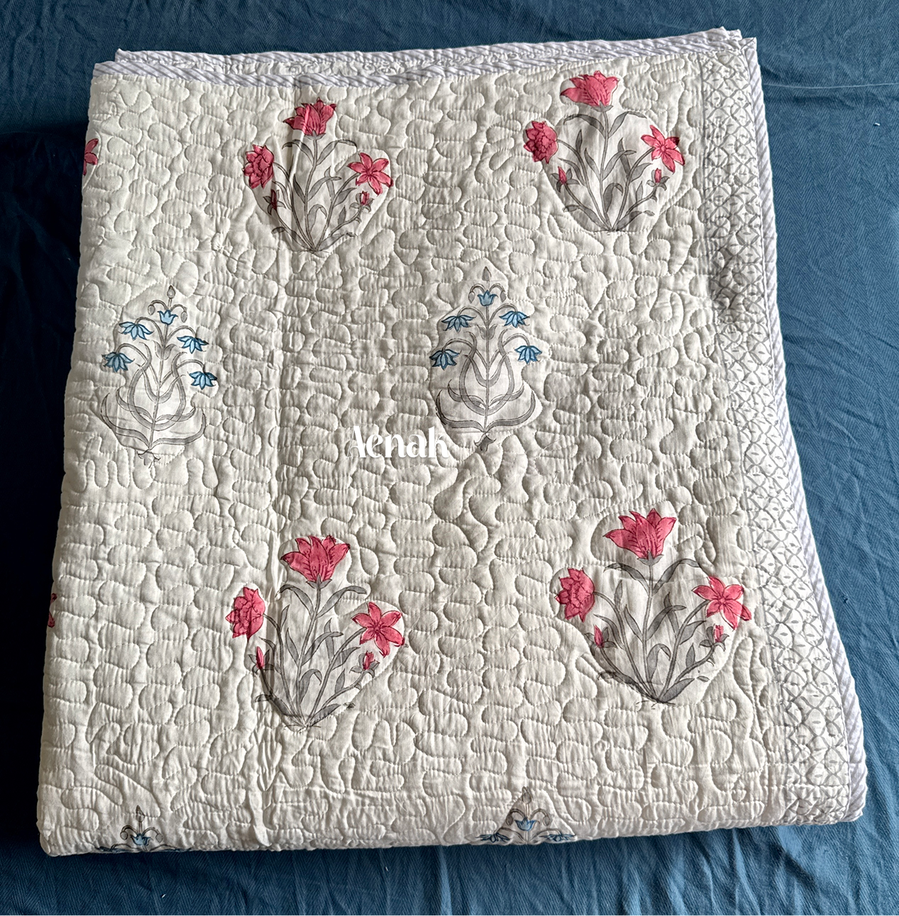 Red & Blue Jaal Handblock Printed Reversible Quilted Comforter/Bedcover Set