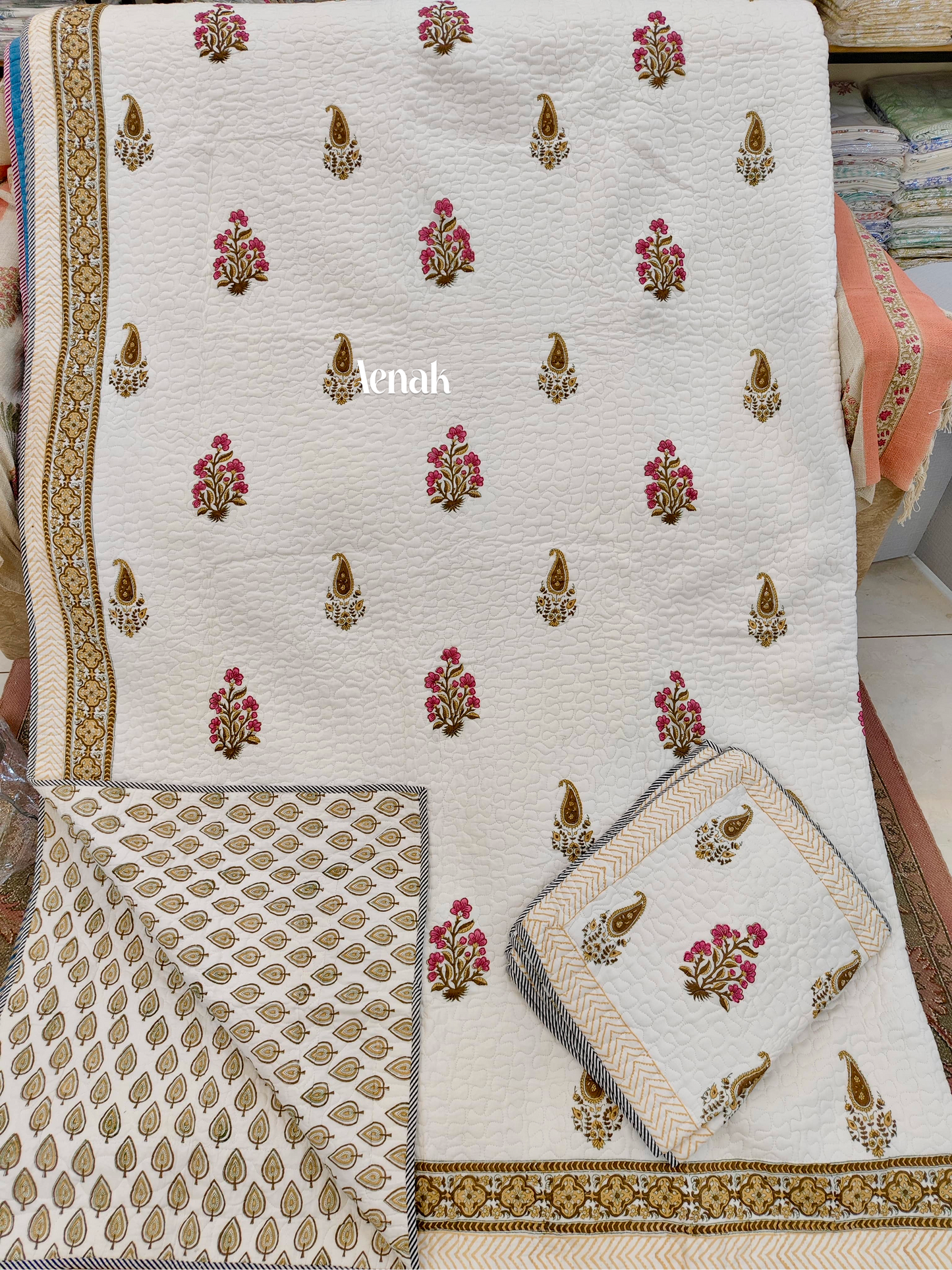 Pink & Brown Floral Handblock Printed Reversible Quilted Cotton Bedcover- 105x108