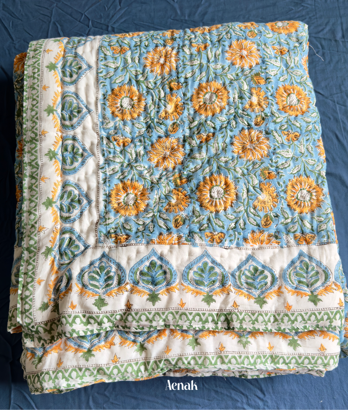 Blue & Yellow Floral Garden Handblock Printed Reversible Mulmul Cotton Quilt