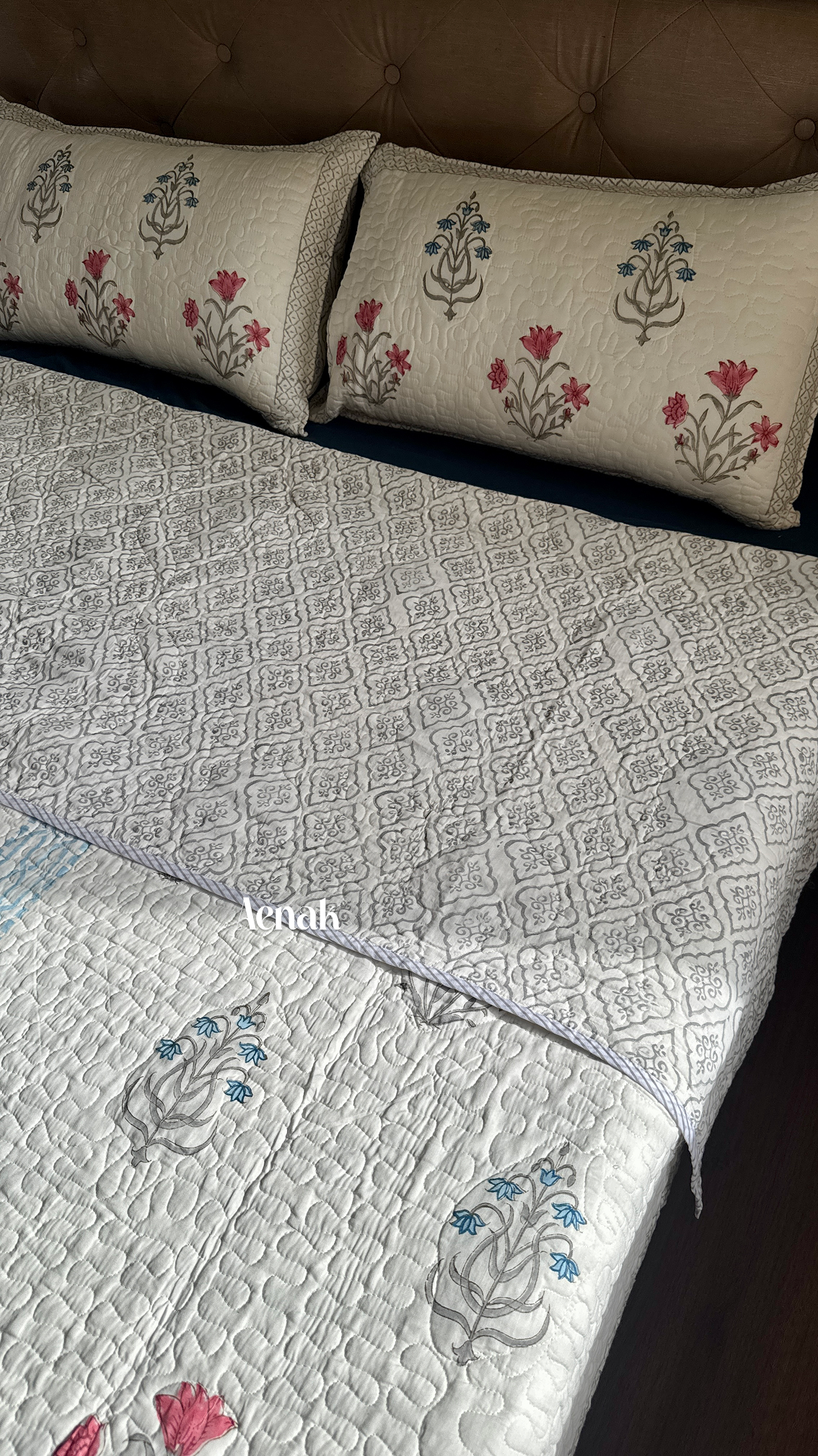 Red & Blue Jaal Handblock Printed Reversible Quilted Comforter/Bedcover Set